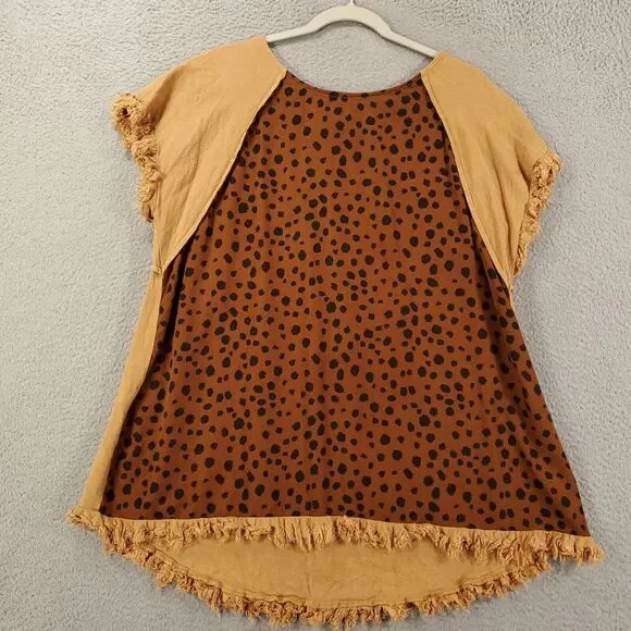 Umgee Blouse Womens Large Brown Linen Blend Raw Hem Cheetah Leopard Animal Print - Picture 2 of 10